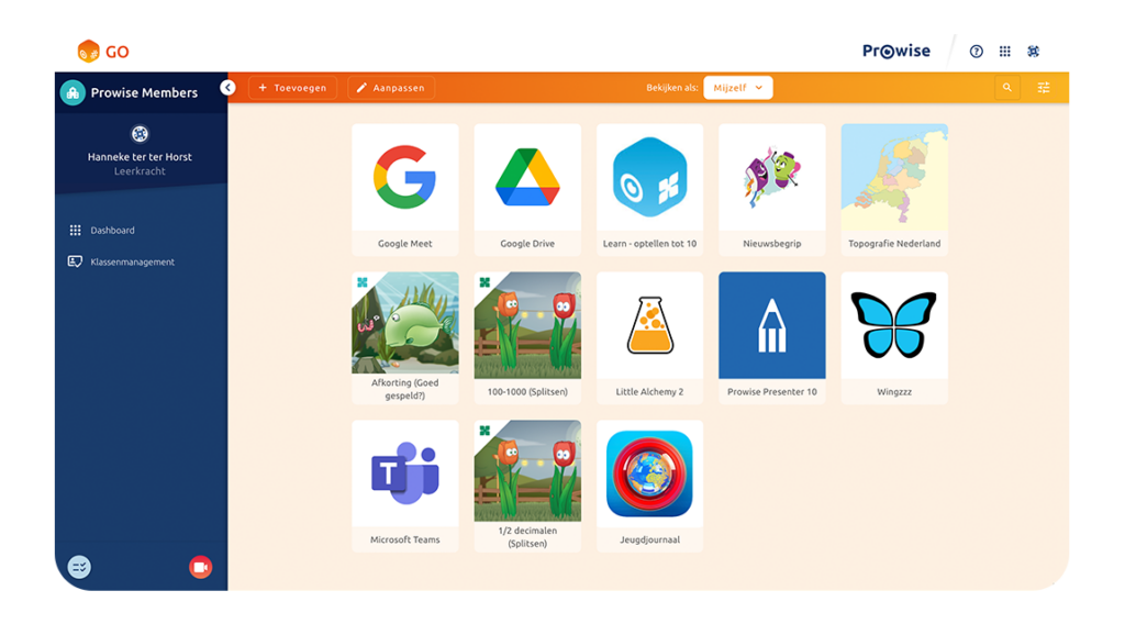 Dashboard van Prowise Go met overzicht van alle tools en onderwijssoftware